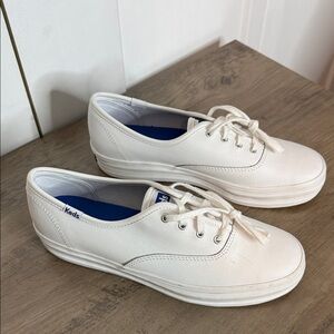 Keds Women's Classic White Leather Upper Sneakers with Thicker sole - 8